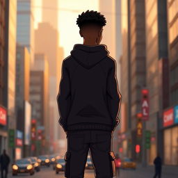 Animation of a black male character, medium build, wearing a stylish black hoodie and cargo long jeans, standing with his back turned