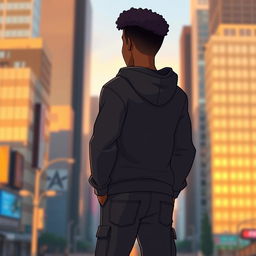 Animation of a black male character, medium build, wearing a stylish black hoodie and cargo long jeans, standing with his back turned