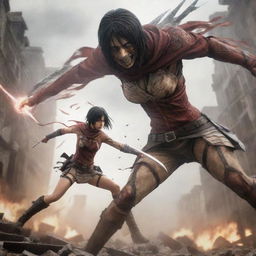 An electrifying image of Mikasa Ackerman engaged in combat with the Female Titan from Attack on Titan. Mikasa, armed with her blades, faces the colossal adversary amidst the ruins of a city.