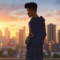 Animation of a black male character, medium build, wearing a stylish black hoodie and cargo long jeans, standing with his back turned