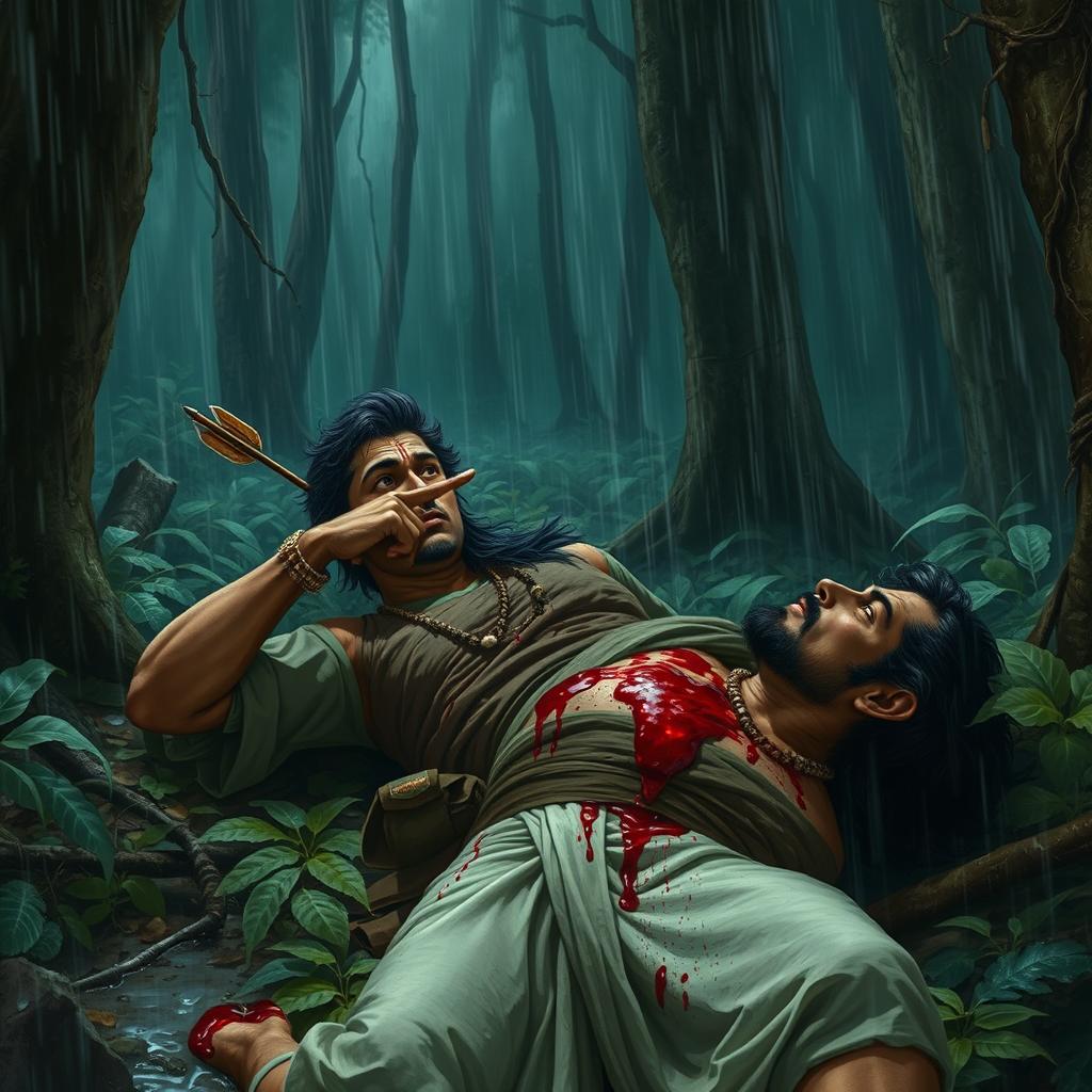 Rishi Kindama, lying on the forest floor, is bleeding profusely with an arrow embedded in his chest