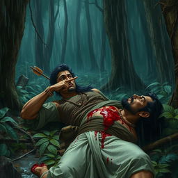 Rishi Kindama, lying on the forest floor, is bleeding profusely with an arrow embedded in his chest
