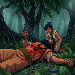 Rishi Kindama, lying on the forest floor, is bleeding profusely with an arrow embedded in his chest