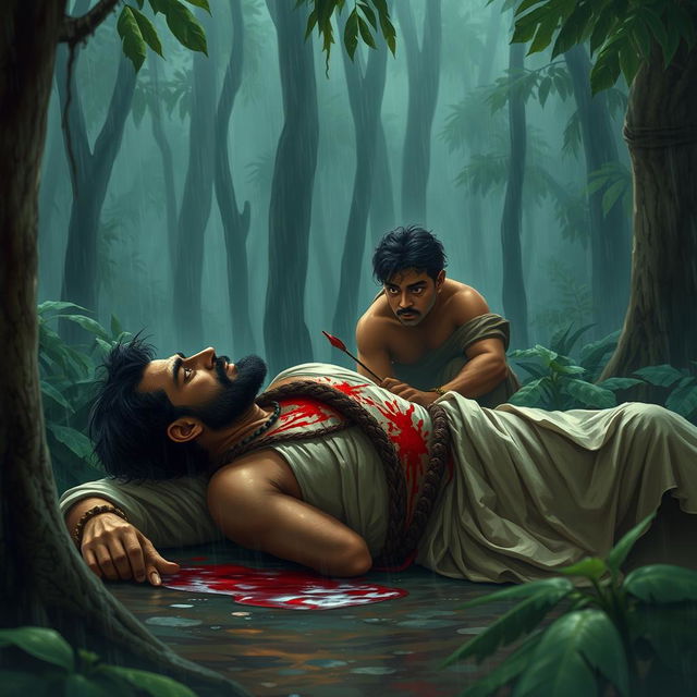 Rishi Kindama, lying on the forest floor, is bleeding profusely with an arrow embedded in his chest