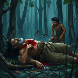 Rishi Kindama, lying on the forest floor, is bleeding profusely with an arrow embedded in his chest