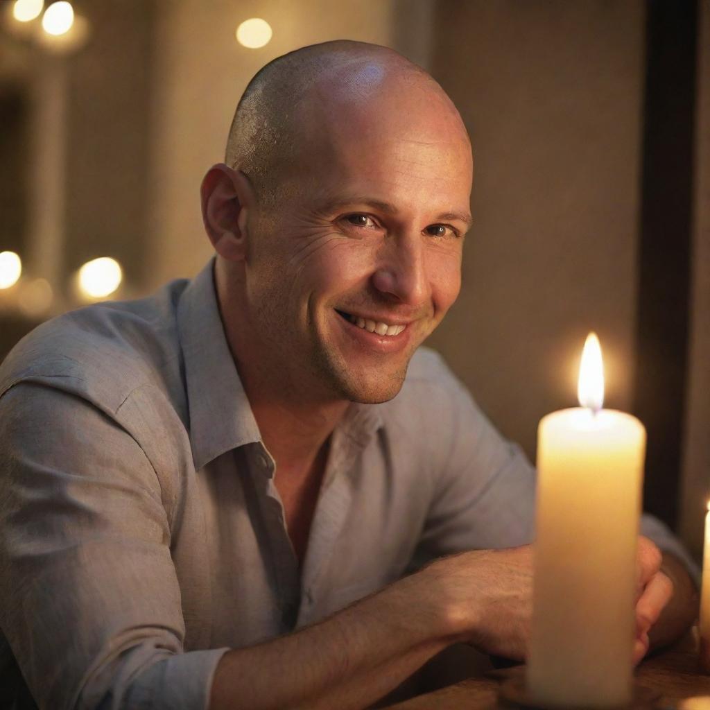 Craft an image of a bald man exuding romance. His gentle gaze and charming smile radiate warmth and magnetism. A soft, ambient candlelight in the background gives the scene a romantic feel.