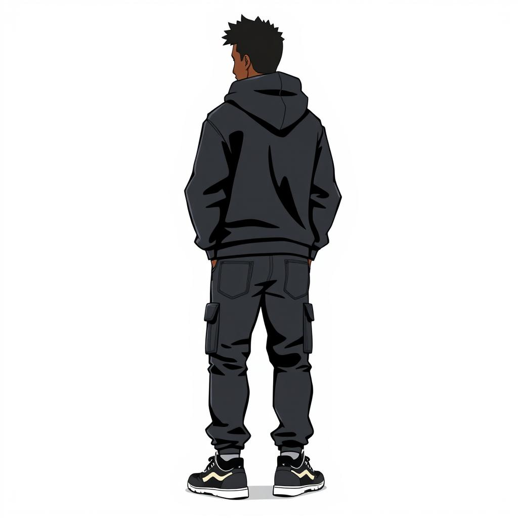 Animation of a black male character, medium build, wearing trendy streetwear including a black hoodie and cargo jeans, complemented by stylish sneakers