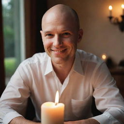 Craft an image of a bald man exuding romance. His gentle gaze and charming smile radiate warmth and magnetism. A soft, ambient candlelight in the background gives the scene a romantic feel.