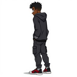 Animation of a black male character, medium build, wearing trendy streetwear including a black hoodie and cargo jeans, complemented by stylish sneakers