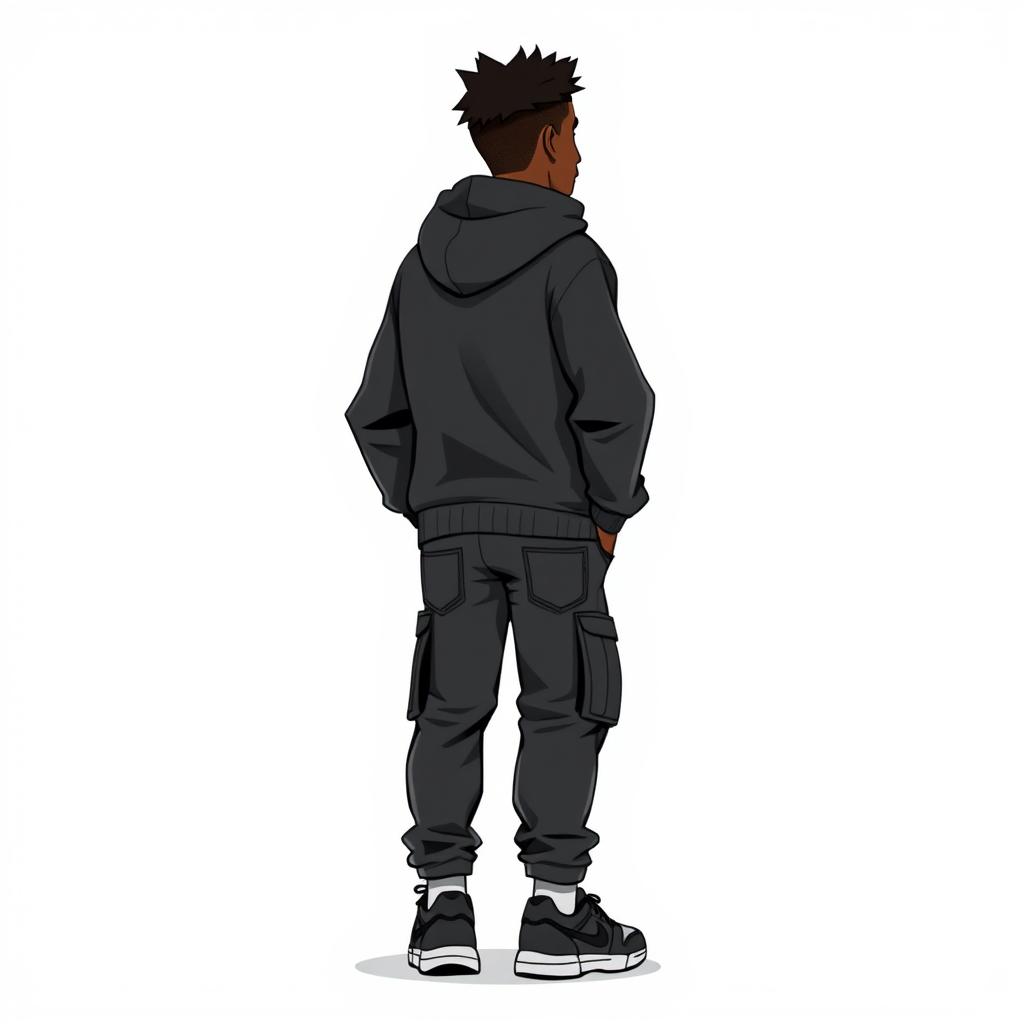 Animation of a black male character, medium build, wearing trendy streetwear including a black hoodie and cargo jeans, complemented by stylish sneakers