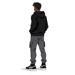 Animation of a black male character, medium build, wearing trendy streetwear including a black hoodie and cargo jeans, complemented by stylish sneakers