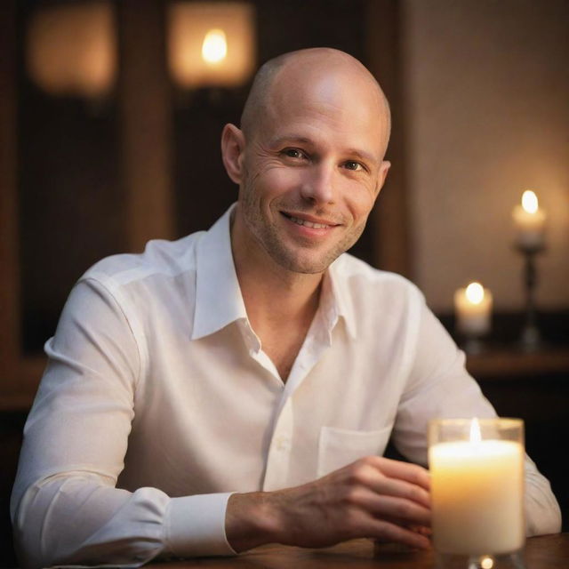 Craft an image of a bald man exuding romance. His gentle gaze and charming smile radiate warmth and magnetism. A soft, ambient candlelight in the background gives the scene a romantic feel.