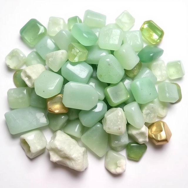 A pile of Green Aventurine crystals, featuring both polished and raw forms, elegantly displayed on a pristine white backdrop