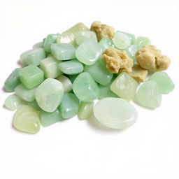 A pile of Green Aventurine crystals, featuring both polished and raw forms, elegantly displayed on a pristine white backdrop