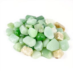 A pile of Green Aventurine crystals, featuring both polished and raw forms, elegantly displayed on a pristine white backdrop