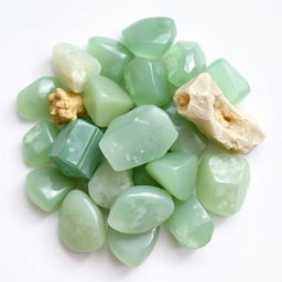 A pile of Green Aventurine crystals, featuring both polished and raw forms, elegantly displayed on a pristine white backdrop