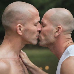 Depict a romantic moment capturing a bald man deeply immersed in a gentle, loving kiss. The setting radiates love and passion, highlighting the meaningful connection between him and his partner.