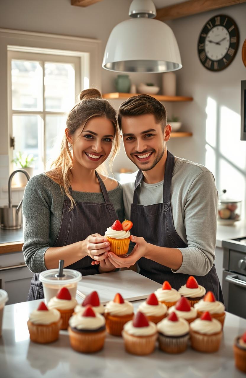 A cheerful couple making a cupcake in a cozy kitchen, with strawberries as decoration on the cupcake