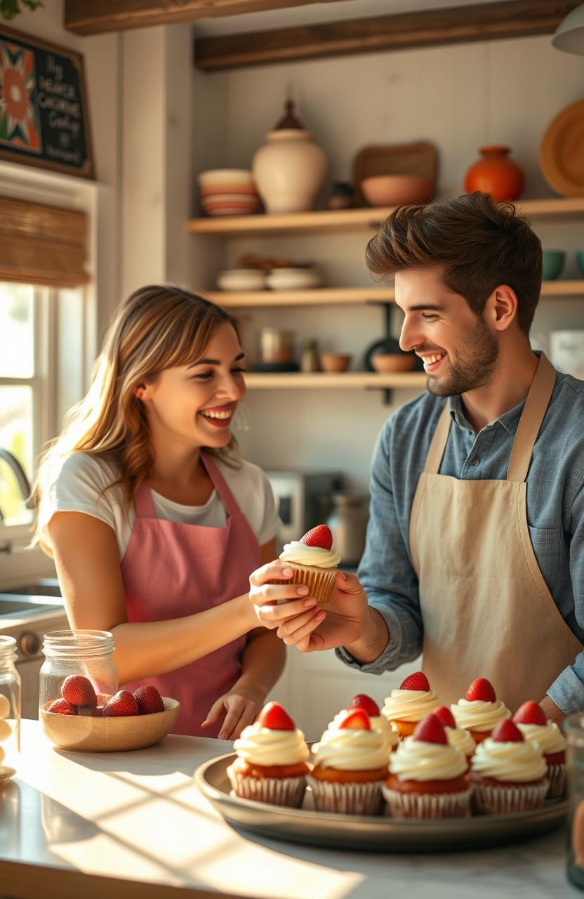 A cheerful couple making a cupcake in a cozy kitchen, with strawberries as decoration on the cupcake