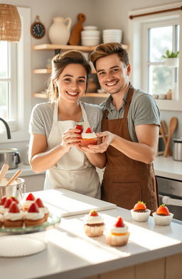 A cheerful couple making a cupcake in a cozy kitchen, with strawberries as decoration on the cupcake