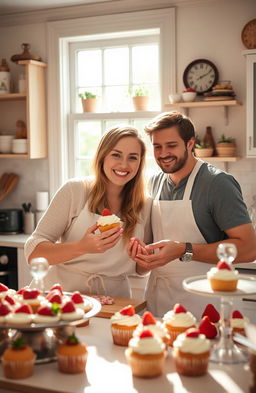 A cheerful couple making a cupcake in a cozy kitchen, with strawberries as decoration on the cupcake