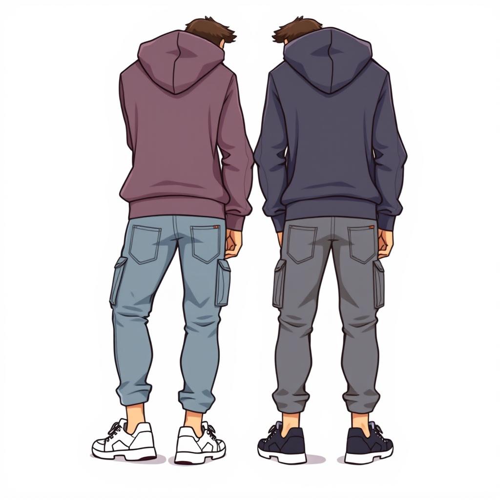 Animation of two European male characters, both of medium build, showcasing modern streetwear fashion