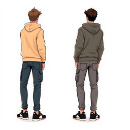 Animation of two European male characters, both of medium build, showcasing modern streetwear fashion