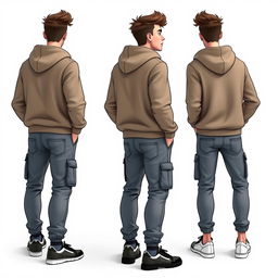 Animation of two European male characters, both of medium build, showcasing modern streetwear fashion