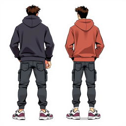 Animation of two European male characters, both of medium build, showcasing modern streetwear fashion