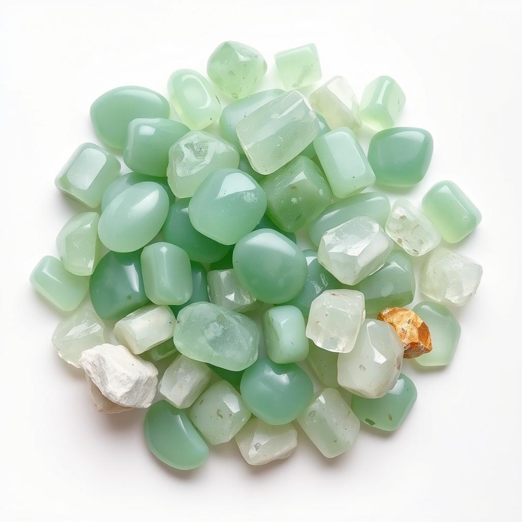 A pile of Green Aventurine crystals, featuring both polished and raw forms, elegantly arranged on a pure white backdrop