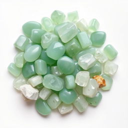 A pile of Green Aventurine crystals, featuring both polished and raw forms, elegantly arranged on a pure white backdrop