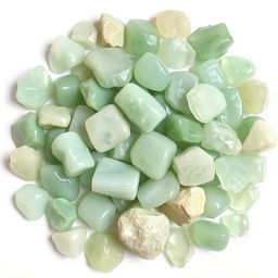 A pile of Green Aventurine crystals, featuring both polished and raw forms, elegantly arranged on a pure white backdrop