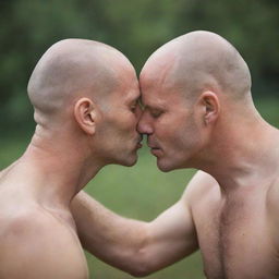 Depict a romantic moment capturing a bald man deeply immersed in a gentle, loving kiss. The setting radiates love and passion, highlighting the meaningful connection between him and his partner.