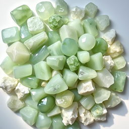 A pile of Green Aventurine crystals, featuring both polished and raw forms, elegantly arranged on a pure white backdrop