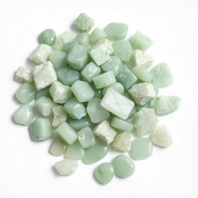 A pile of Green Aventurine crystals, featuring both polished and raw forms, elegantly arranged on a pure white backdrop