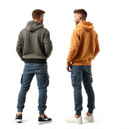 Image of two European male figures, both of average height and build, attired in trendy streetwear