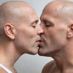 Depict a romantic moment capturing a bald man deeply immersed in a gentle, loving kiss. The setting radiates love and passion, highlighting the meaningful connection between him and his partner.