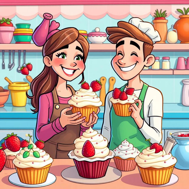 A cheerful couple in a cartoon style making a cupcake with strawberries as decoration