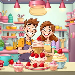 A cheerful couple in a cartoon style making a cupcake with strawberries as decoration