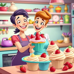 A cheerful couple in a cartoon style making a cupcake with strawberries as decoration