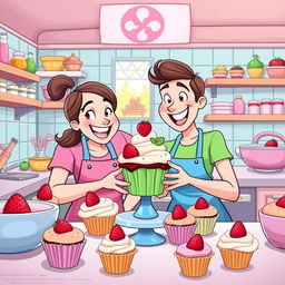 A cheerful couple in a cartoon style making a cupcake with strawberries as decoration