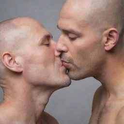 Depict a romantic moment capturing a bald man deeply immersed in a gentle, loving kiss. The setting radiates love and passion, highlighting the meaningful connection between him and his partner.