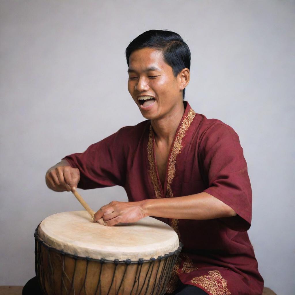 A person passionately playing a traditional Indonesian kendang drum, captured mid-beat with a feeling of rhythm and enthusiasm.