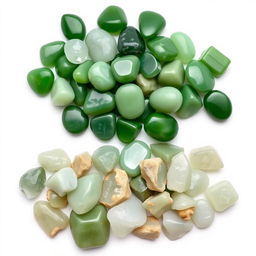 A pile of Green Jade crystals, featuring both polished and raw forms, elegantly displayed on a pristine white backdrop