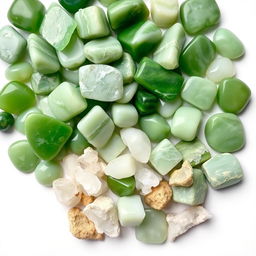 A pile of Green Jade crystals, featuring both polished and raw forms, elegantly displayed on a pristine white backdrop