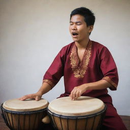 A person passionately playing a traditional Indonesian kendang drum, captured mid-beat with a feeling of rhythm and enthusiasm.