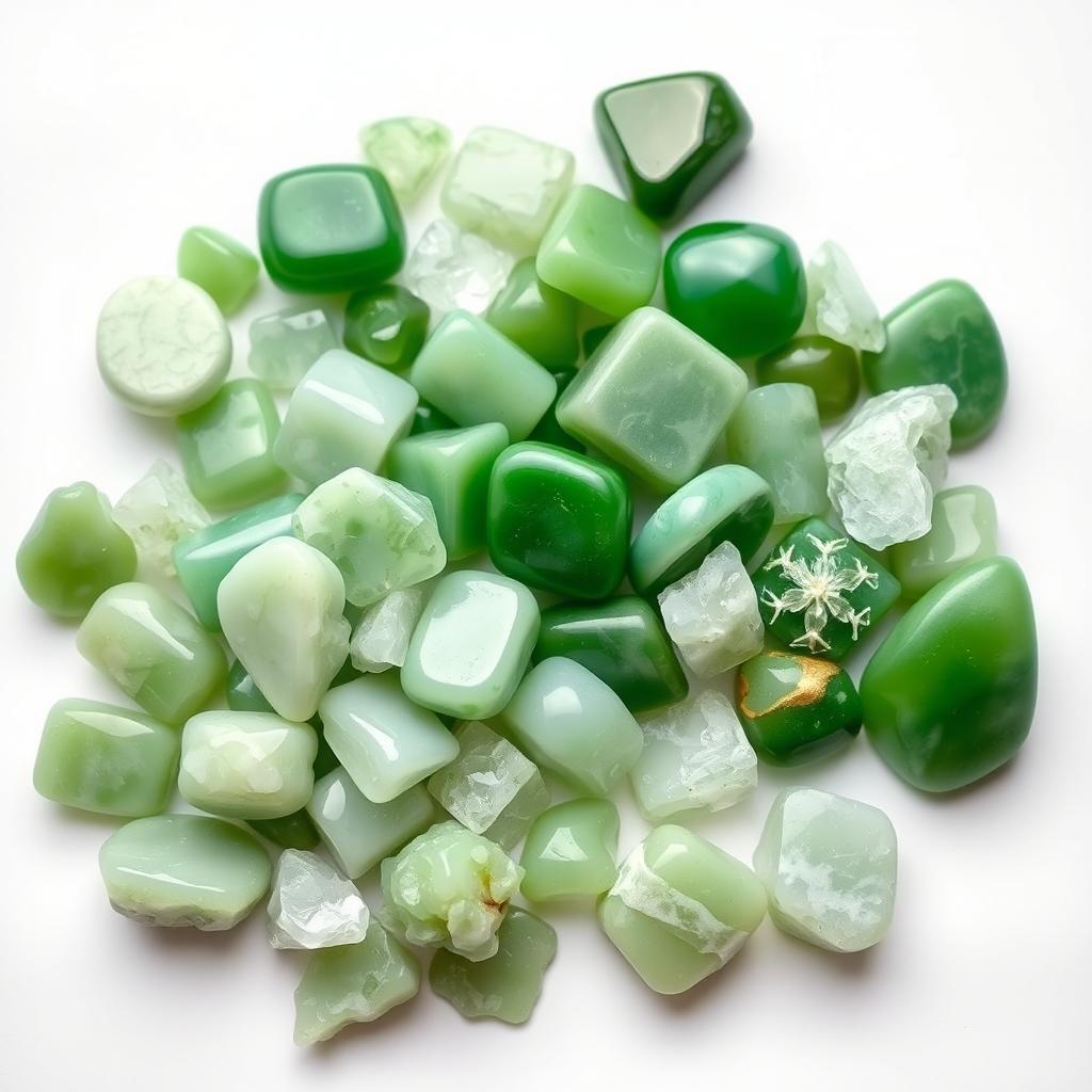 A pile of Green Jade crystals, featuring both polished and raw forms, elegantly displayed on a pristine white backdrop