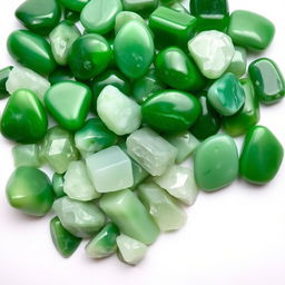 A pile of Green Jade crystals, featuring both polished and raw forms, elegantly displayed on a pristine white backdrop