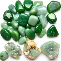 A pile of Green Jade crystals, featuring both polished and raw forms, elegantly displayed on a pristine white backdrop