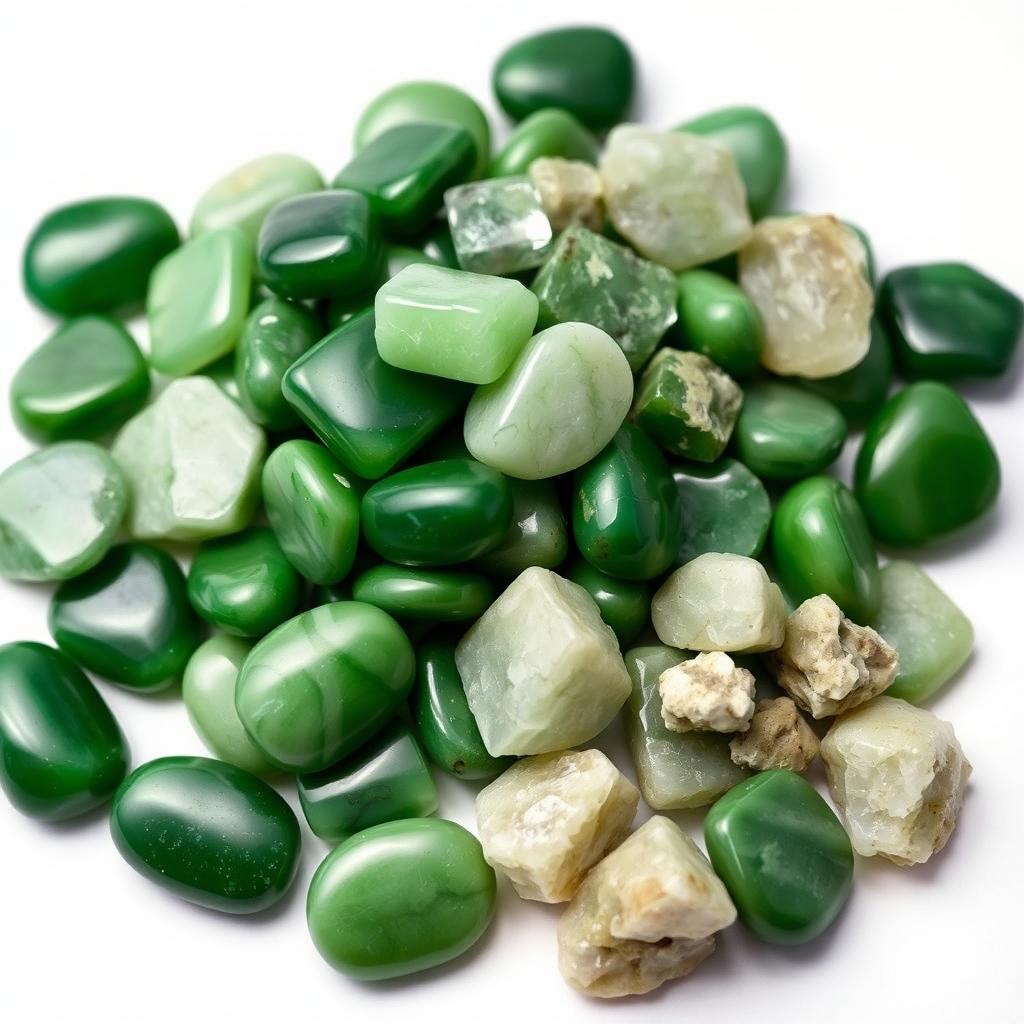 A pile of Green Jade crystals, featuring both polished and raw forms, elegantly displayed on a pristine white backdrop